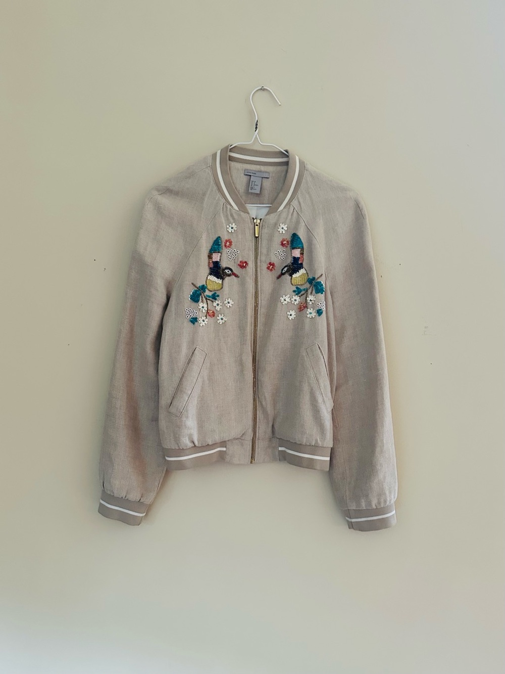 Embroidered Bird Bomber Jacket - Beige